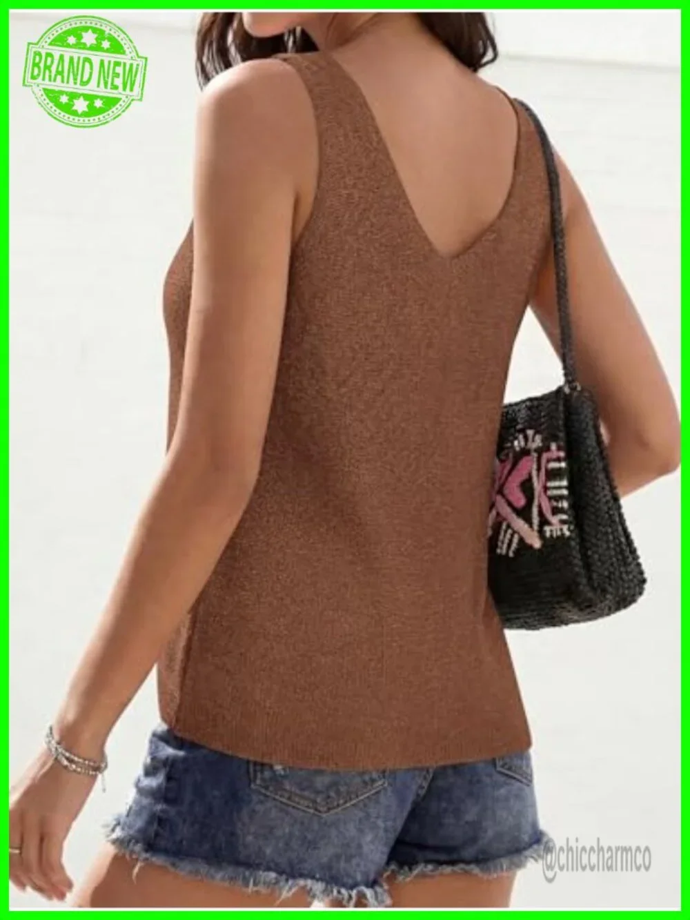 Sleeveless V-Neck Knit Sweater Vest Sparkle Basic Loose Fit Tank Top